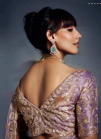 Light Lavender Tissue Glass With Designer Blouse Party Wear Saree