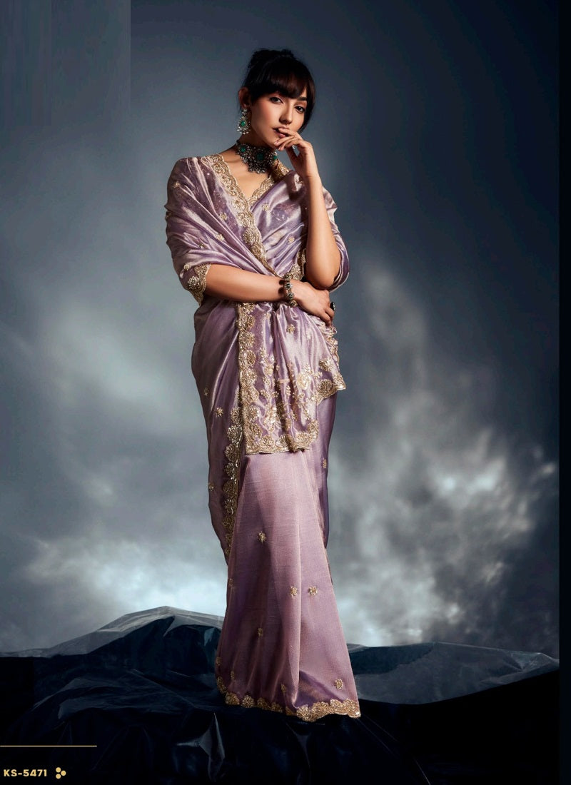Light Lavender Tissue Glass With Designer Blouse Party Wear Saree