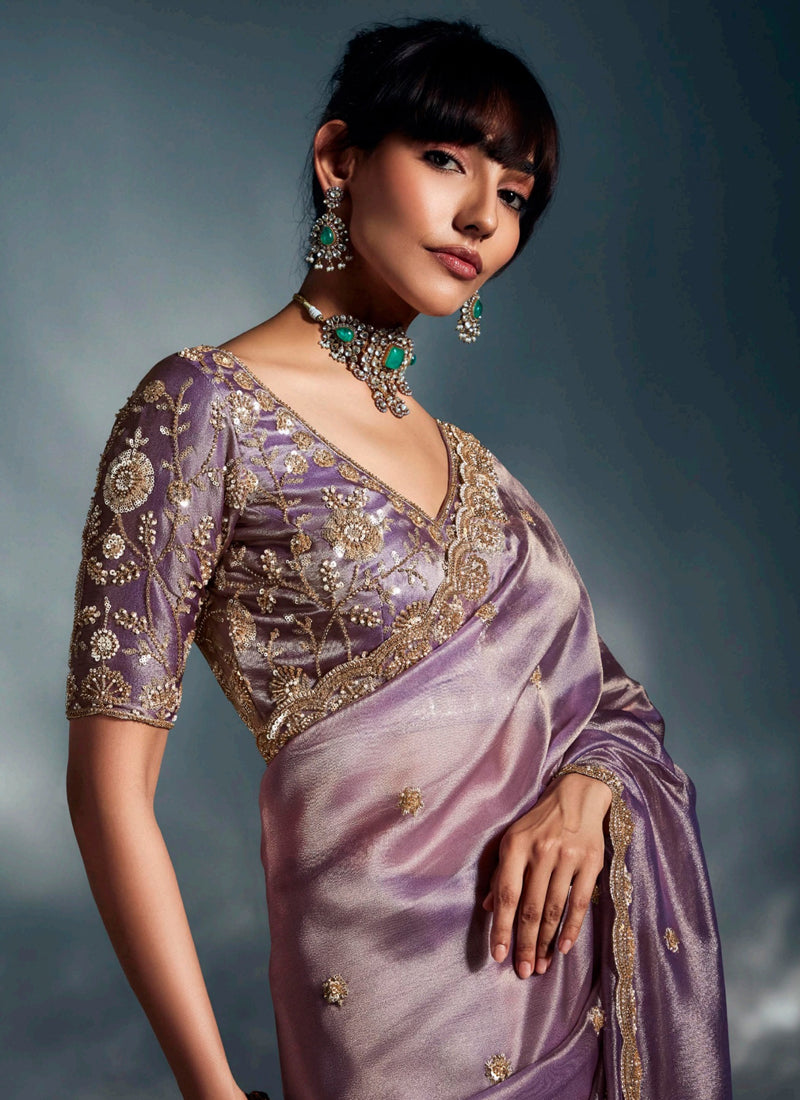Light Lavender Tissue Glass With Designer Blouse Party Wear Saree