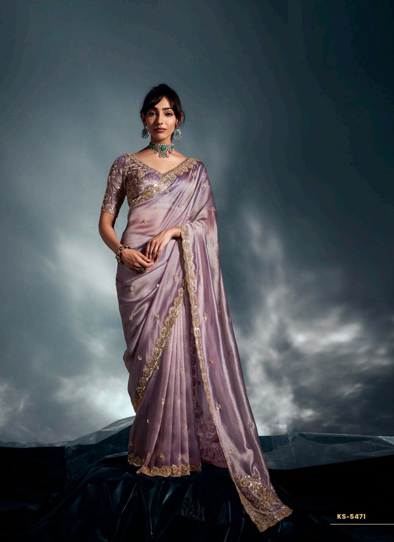 Light Lavender Tissue Glass With Designer Blouse Party Wear Saree