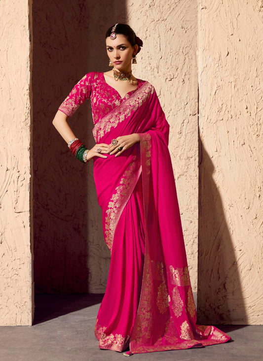 Rasberry Pure Viscose Silk With Zari Weaving & Tassel With Brocade Blouse