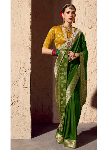 Olive Green Pure Viscose Silk With Zari Weaving & Tassel With Brocade Blouse