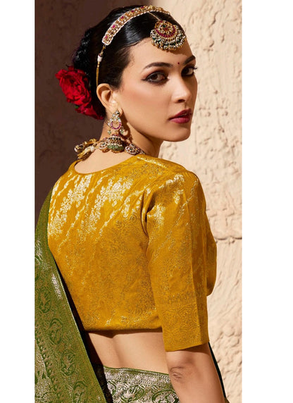 Olive Green Pure Viscose Silk With Zari Weaving & Tassel With Brocade Blouse