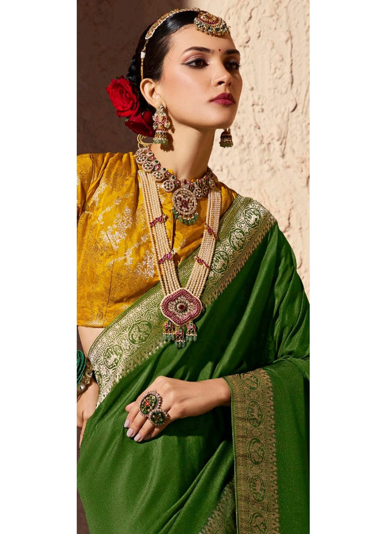 Olive Green Pure Viscose Silk With Zari Weaving & Tassel With Brocade Blouse