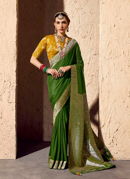Olive Green Pure Viscose Silk With Zari Weaving & Tassel With Brocade Blouse