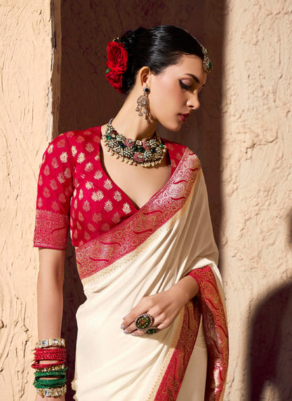 Off White & Red Pure Viscose Silk With Zari Weaving & Tassel With Brocade Blouse