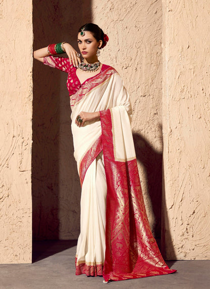 Off White & Red Pure Viscose Silk With Zari Weaving & Tassel With Brocade Blouse