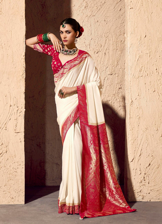 Off White & Red Pure Viscose Silk With Zari Weaving & Tassel With Brocade Blouse