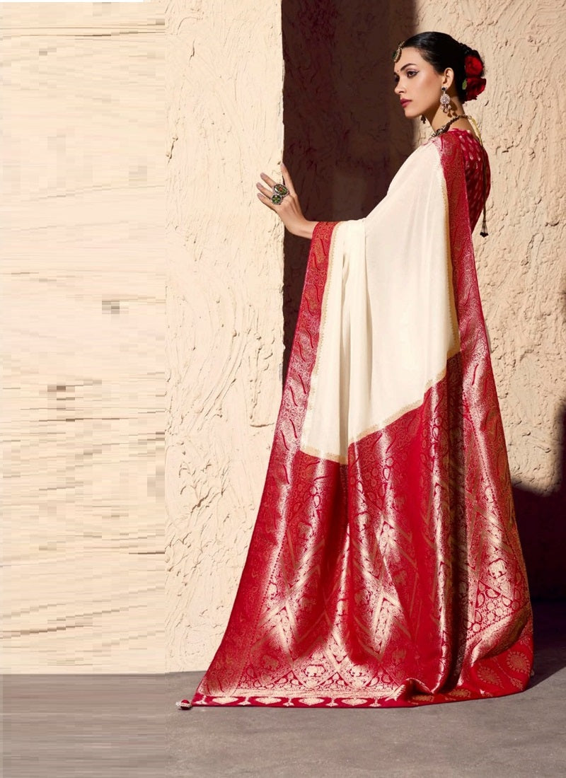 Off White & Red Pure Viscose Silk With Zari Weaving & Tassel With Brocade Blouse