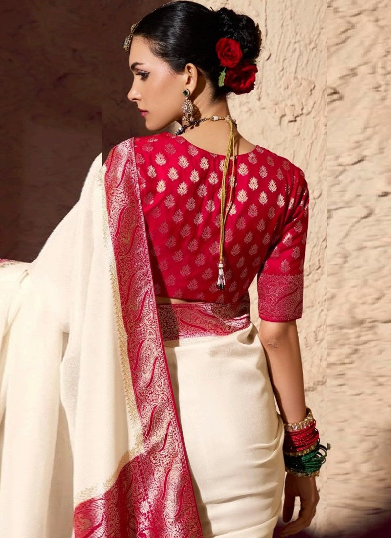 Off White & Red Pure Viscose Silk With Zari Weaving & Tassel With Brocade Blouse