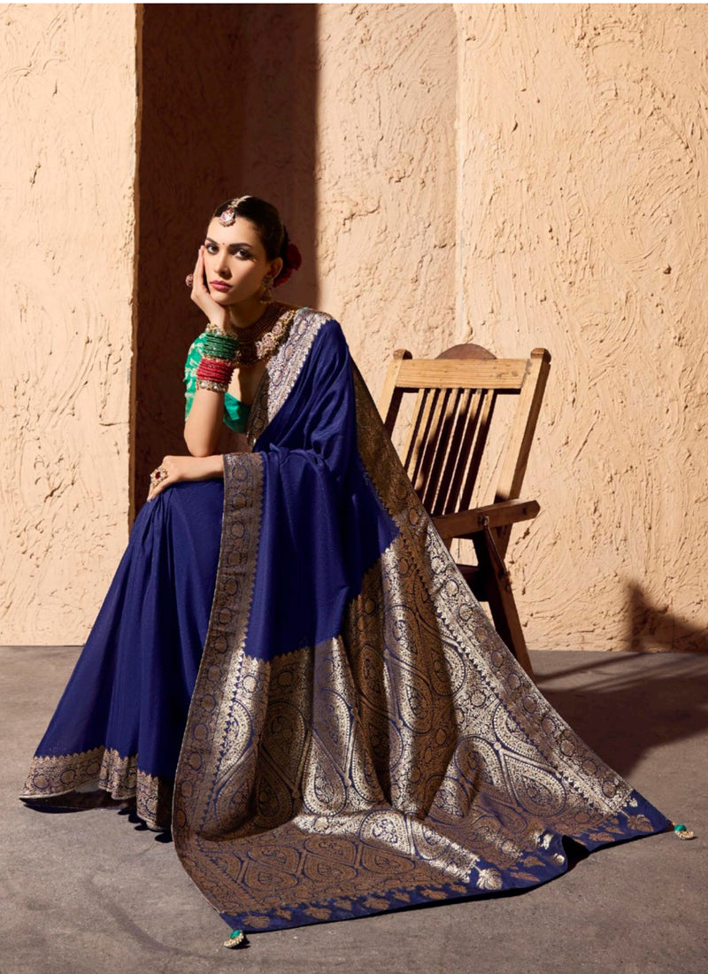 Navy Blue Pure Viscose Silk With Zari Weaving & Tassel With Brocade Blouse