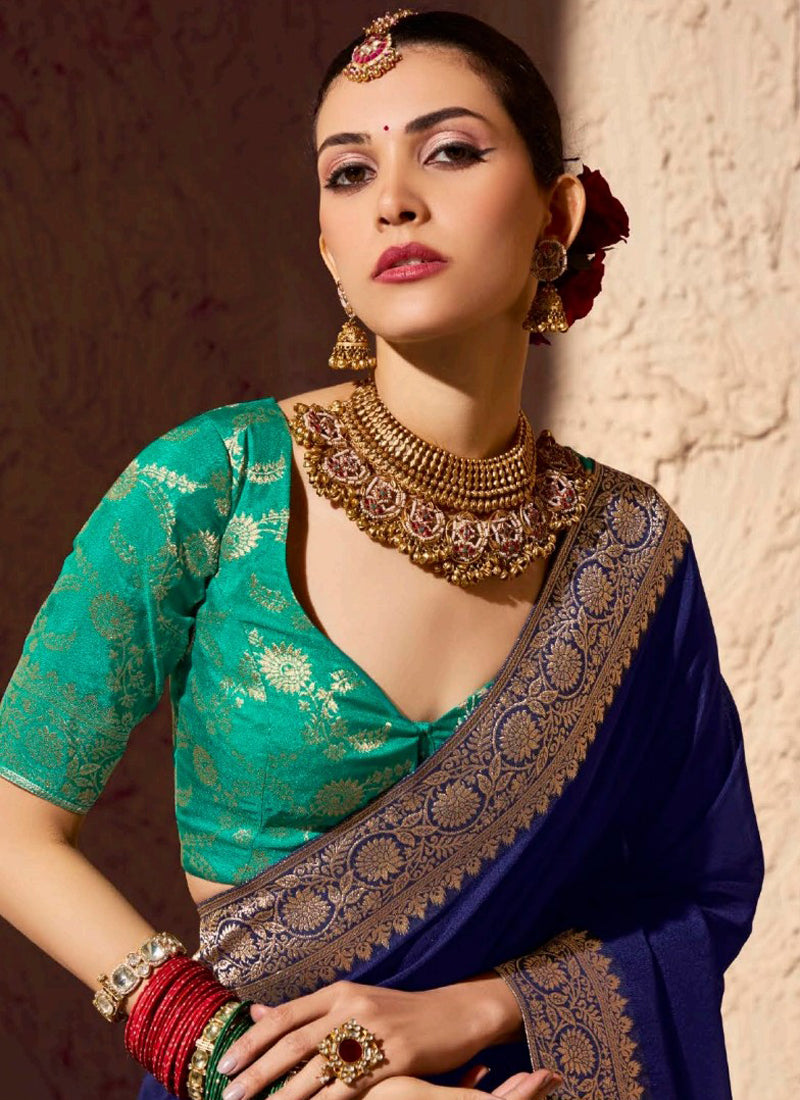 Navy Blue Pure Viscose Silk With Zari Weaving & Tassel With Brocade Blouse