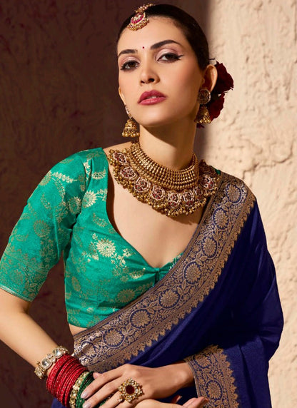 Navy Blue Pure Viscose Silk With Zari Weaving & Tassel With Brocade Blouse