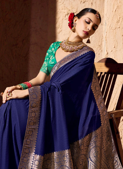 Navy Blue Pure Viscose Silk With Zari Weaving & Tassel With Brocade Blouse