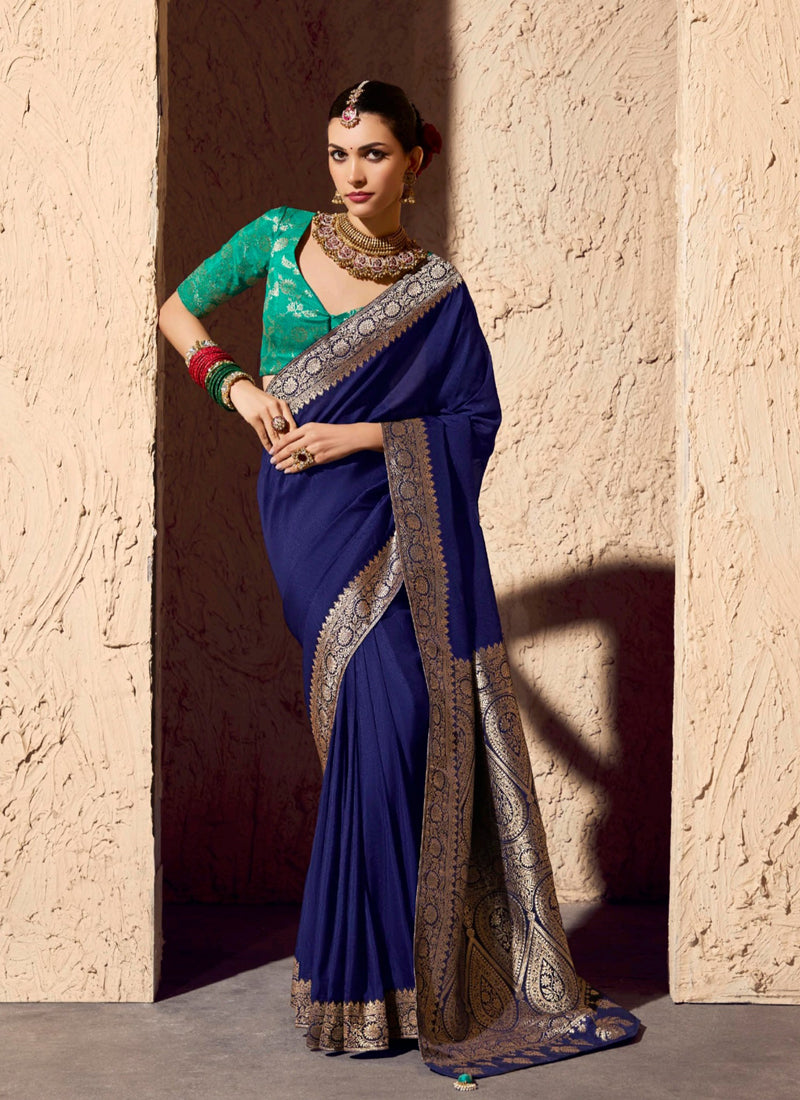 Navy Blue Pure Viscose Silk With Zari Weaving & Tassel With Brocade Blouse