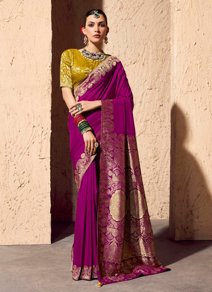 Magenta Pure Viscose Silk With Zari Weaving & Tassel With Brocade Blouse