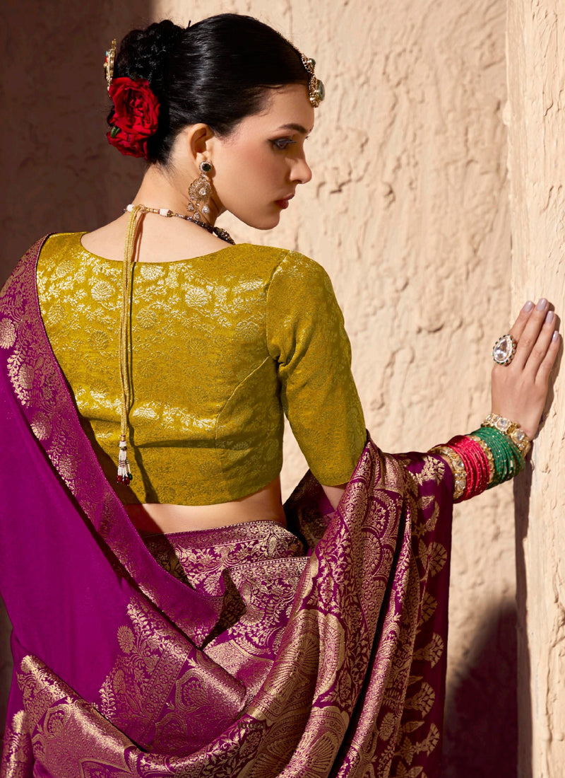 Magenta Pure Viscose Silk With Zari Weaving & Tassel With Brocade Blouse