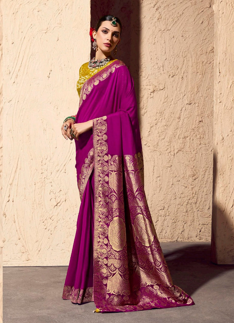 Magenta Pure Viscose Silk With Zari Weaving & Tassel With Brocade Blouse