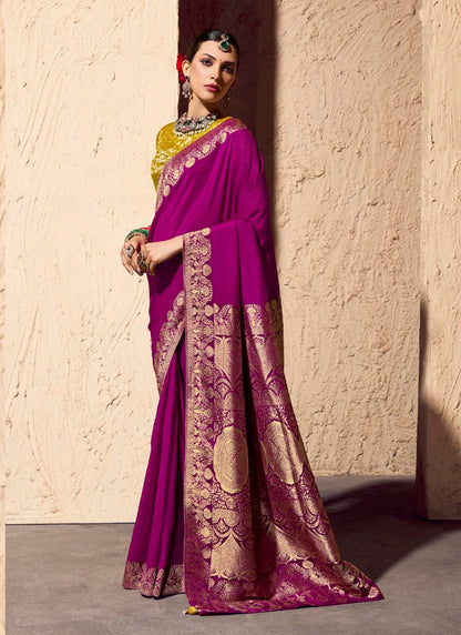 Magenta Pure Viscose Silk With Zari Weaving & Tassel With Brocade Blouse