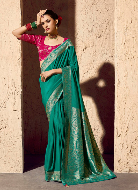 Turquoise Pure Viscose Silk With Zari Weaving & Tassel With Brocade Blouse