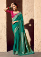 Turquoise Pure Viscose Silk With Zari Weaving & Tassel With Brocade Blouse