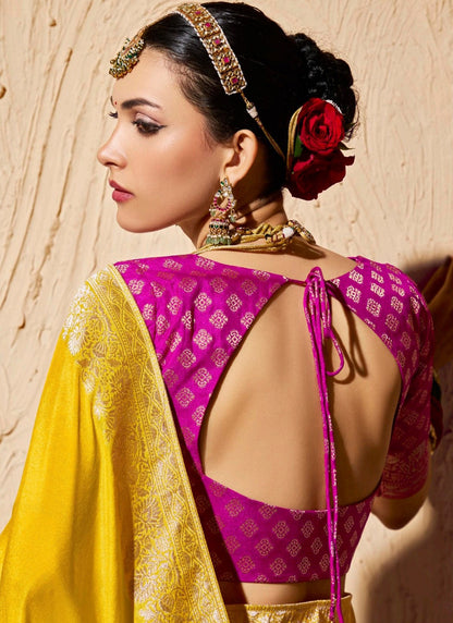 Yellow Pure Viscose Silk With Zari Weaving & Tassel With Brocade Blouse