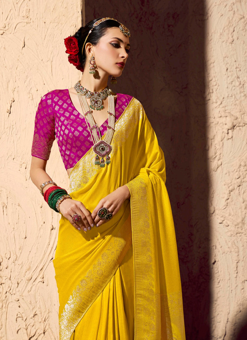 Yellow Pure Viscose Silk With Zari Weaving & Tassel With Brocade Blouse