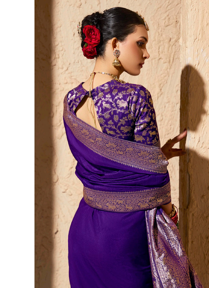 Purple Pure Viscose Silk With Zari Weaving & Tassel With Brocade Blouse