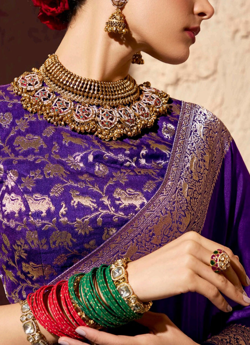 Purple Pure Viscose Silk With Zari Weaving & Tassel With Brocade Blouse