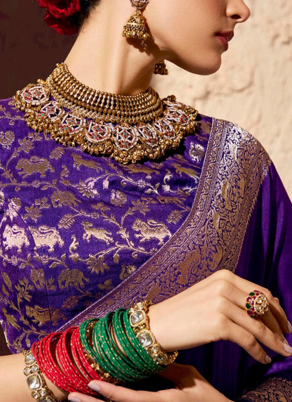 Purple Pure Viscose Silk With Zari Weaving & Tassel With Brocade Blouse
