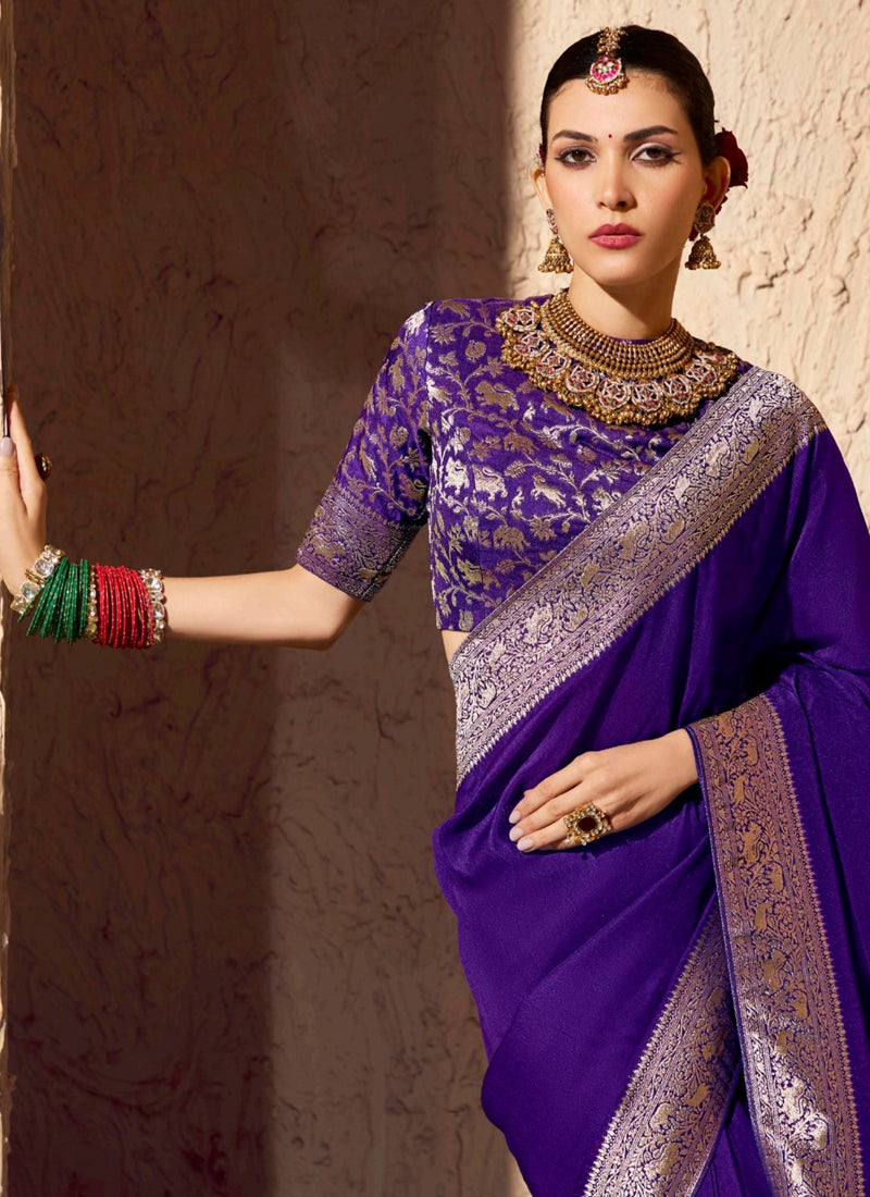 Purple Pure Viscose Silk With Zari Weaving & Tassel With Brocade Blouse