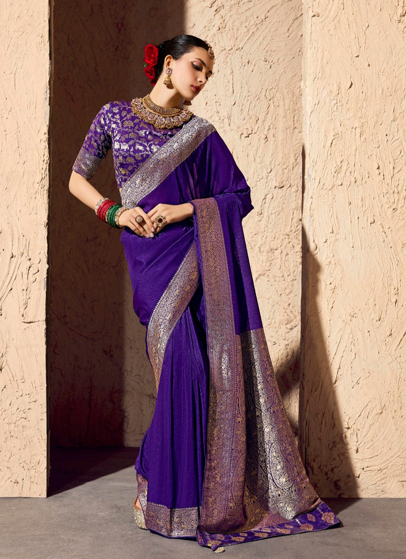 Purple Pure Viscose Silk With Zari Weaving & Tassel With Brocade Blouse