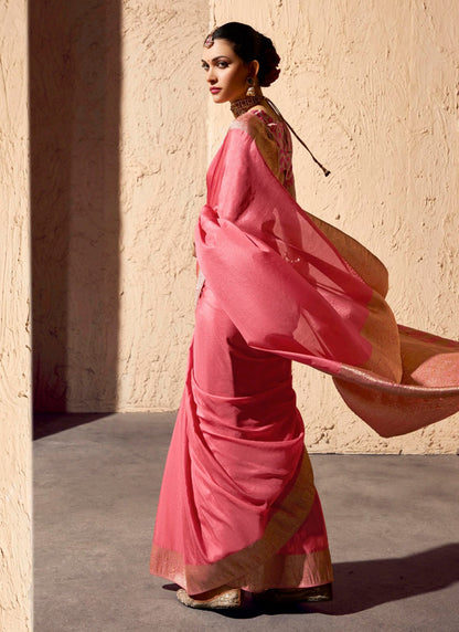 Peach Pure Viscose Silk With Zari Weaving & Tassel With Brocade Blouse