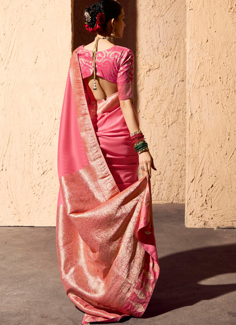 Peach Pure Viscose Silk With Zari Weaving & Tassel With Brocade Blouse