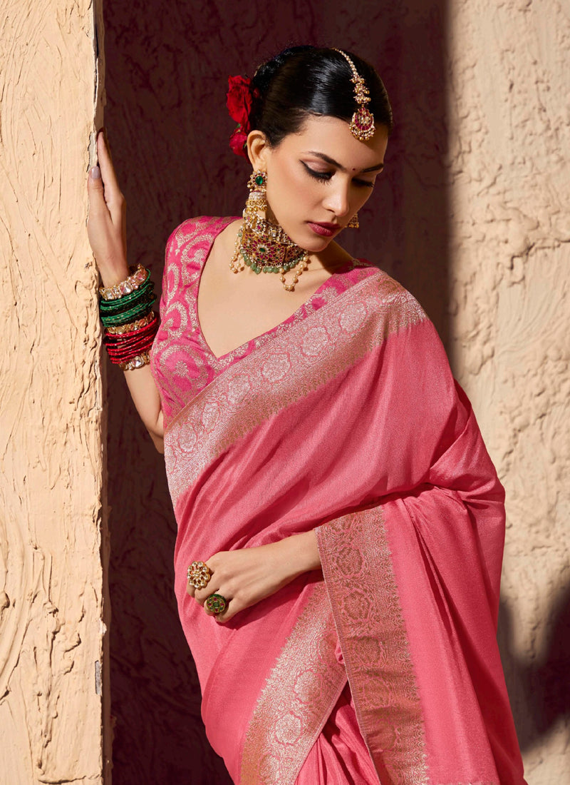 Peach Pure Viscose Silk With Zari Weaving & Tassel With Brocade Blouse