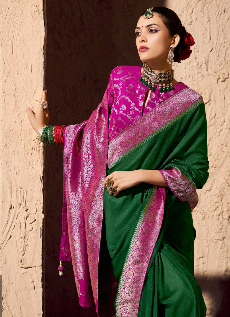 Green Pure Viscose Silk With Zari Weaving & Tassel With Brocade Blouse