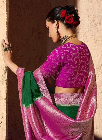 Green Pure Viscose Silk With Zari Weaving & Tassel With Brocade Blouse