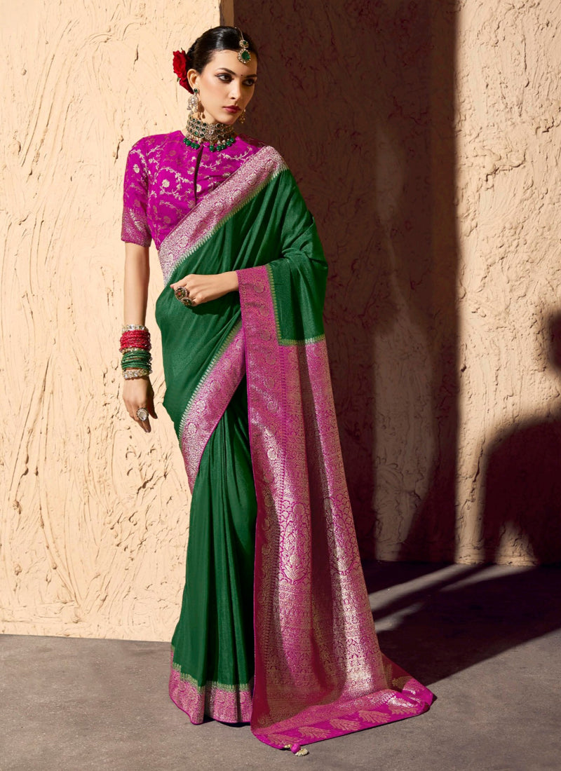 Green Pure Viscose Silk With Zari Weaving & Tassel With Brocade Blouse