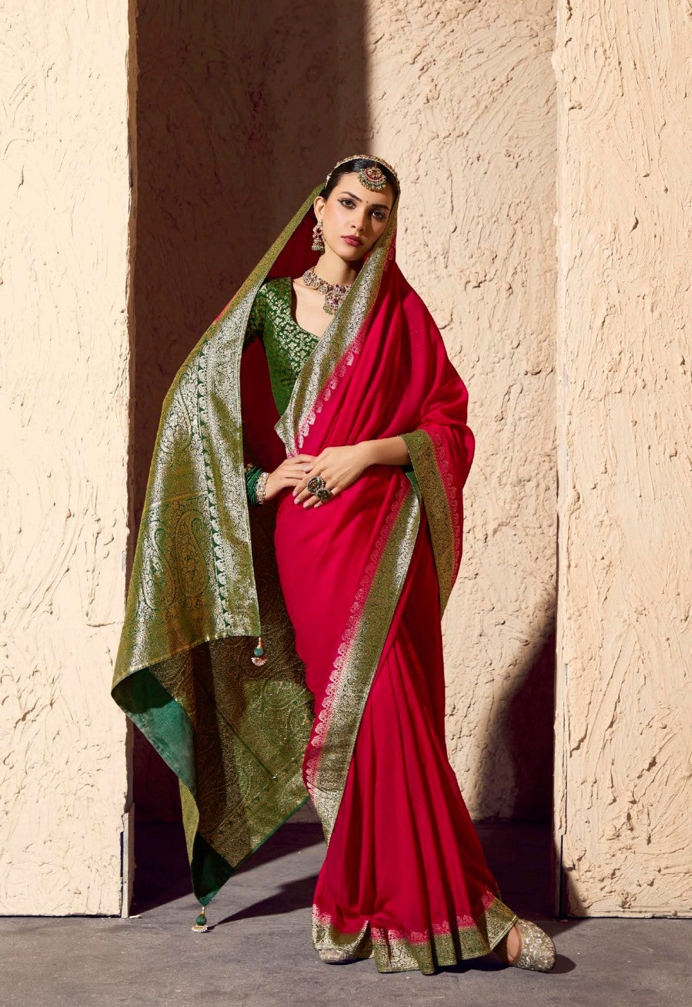 Blood Red Pure Viscose Silk With Zari Weaving & Tassel With Brocade Blouse