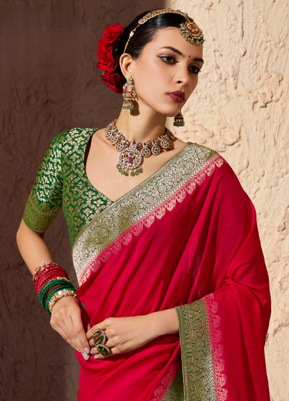 Blood Red Pure Viscose Silk With Zari Weaving & Tassel With Brocade Blouse