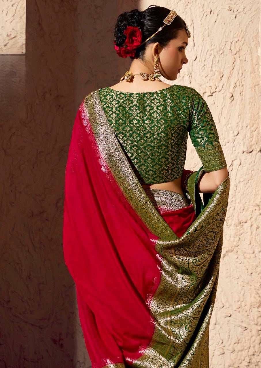 Blood Red Pure Viscose Silk With Zari Weaving & Tassel With Brocade Blouse