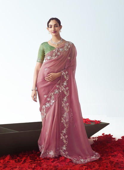Baby Pink Tissue Organza Designer Party Wear Saree