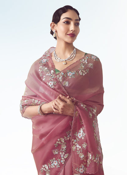 Baby Pink Tissue Organza Designer Party Wear Saree
