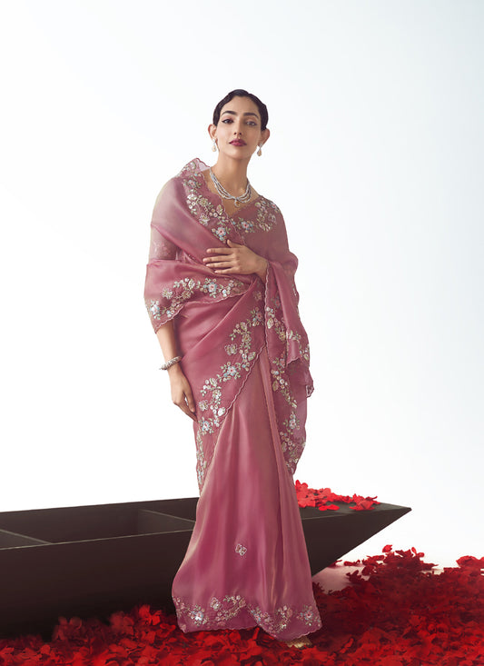 Baby Pink Tissue Organza Designer Party Wear Saree