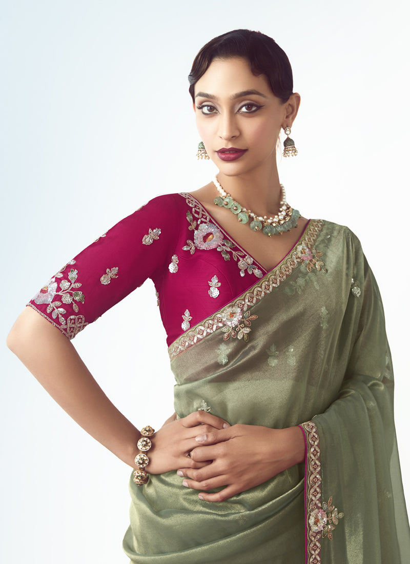 Olive Tissue Organza Designer Party Wear Saree