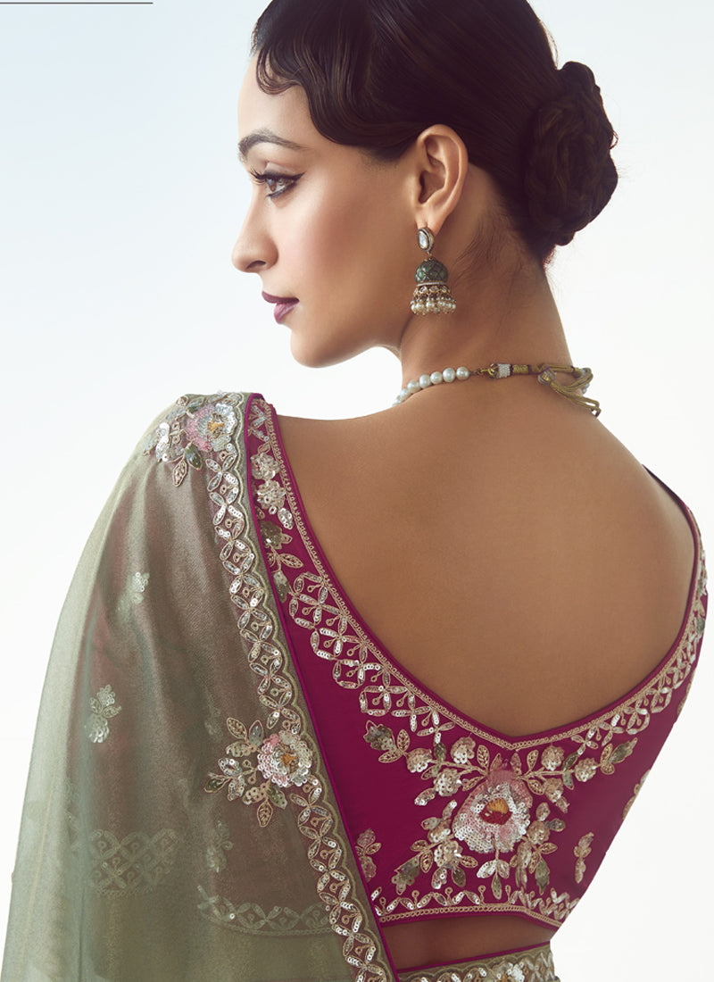 Olive Tissue Organza Designer Party Wear Saree