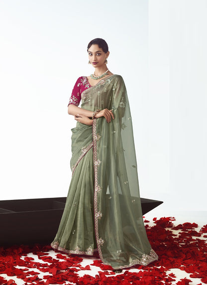Olive Tissue Organza Designer Party Wear Saree