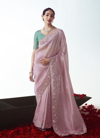 Baby Pink Tissue Organza Designer Party Wear Saree