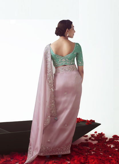 Baby Pink Tissue Organza Designer Party Wear Saree