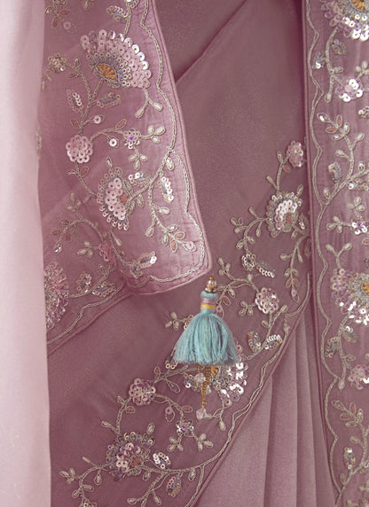 Baby Pink Tissue Organza Designer Party Wear Saree